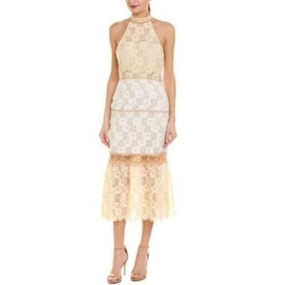 FOXIEDOX AMELIA MOCK NECK HALTER LACE MIDI DRESS LARGE